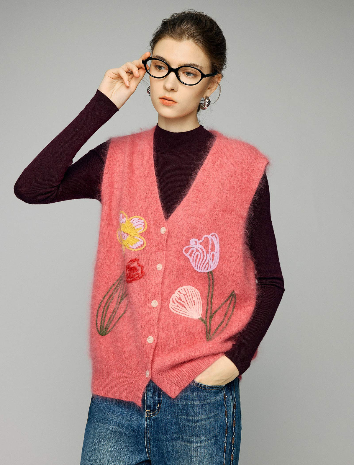 Wool and Mulberry Silk Blend Floral Applique V-Neck Button-Front Vest