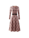Plaid Crewneck Belted Midi Dress