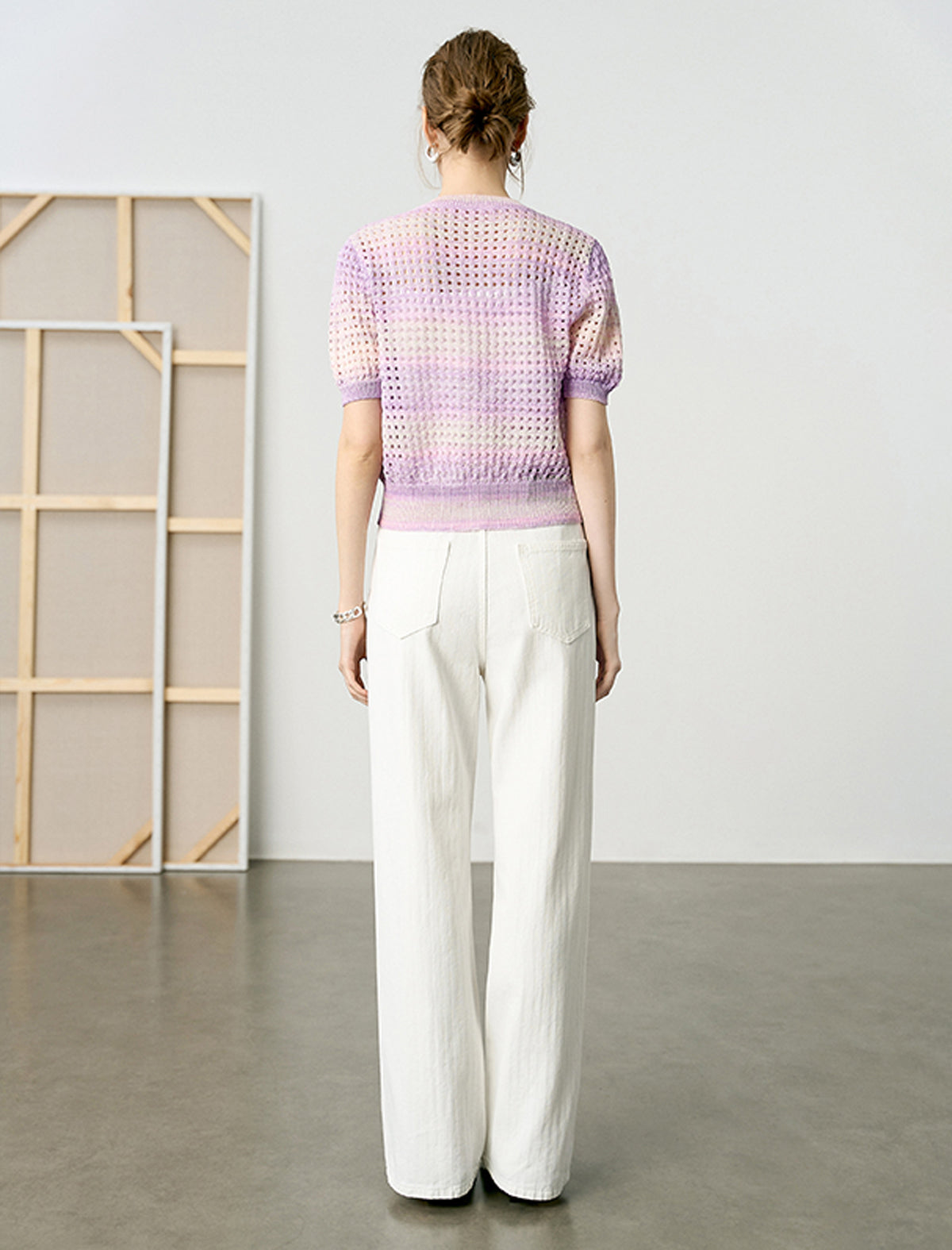 Gradient Hollow-Knit Short-Sleeve Knit Blouse