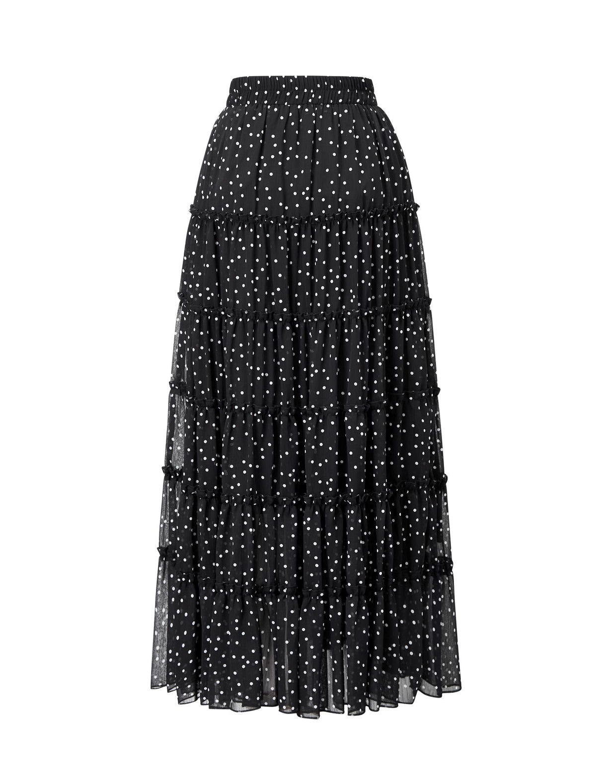 Chiffon Black Polka Dot Tiered Midi Skirt
