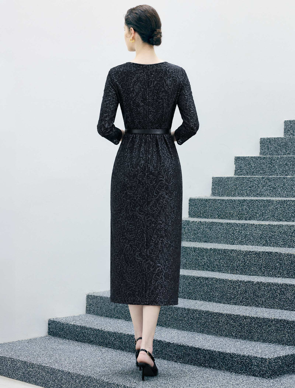 Crewneck Long Sleeve Belted Relaxed Midi Dress