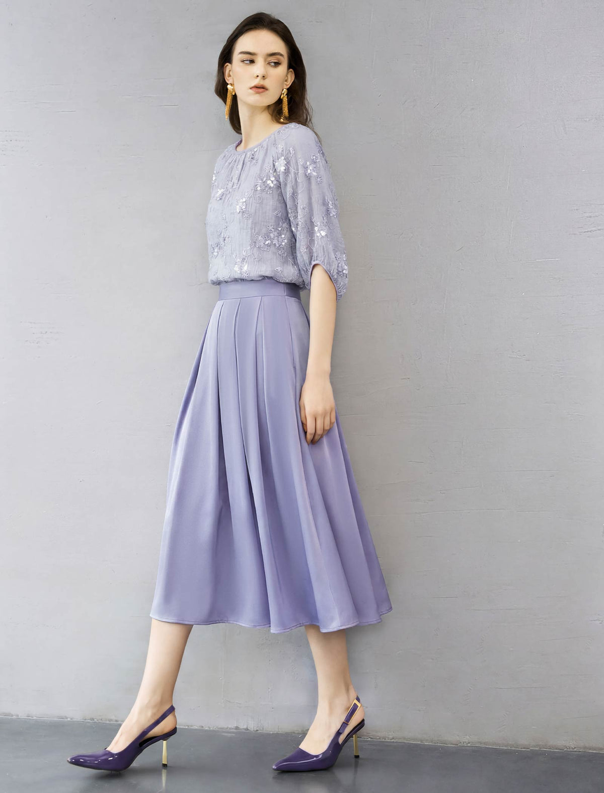 Lavender Floral Embroidery Puff Sleeve Sheer Blouse