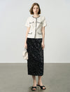 Elegant Black Trim Pearl Button Short Sleeve Jacket