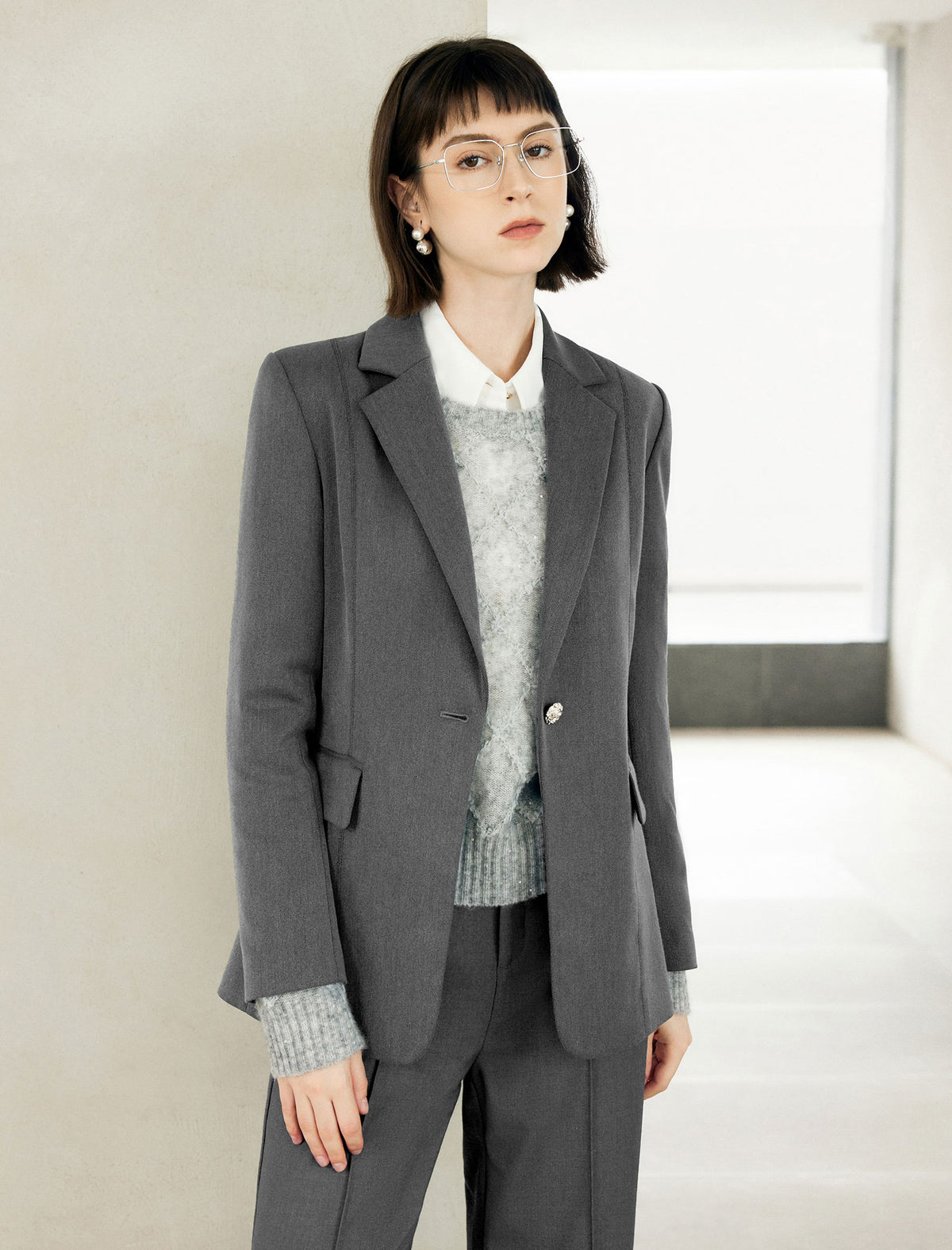Grey Single-Button Blazer