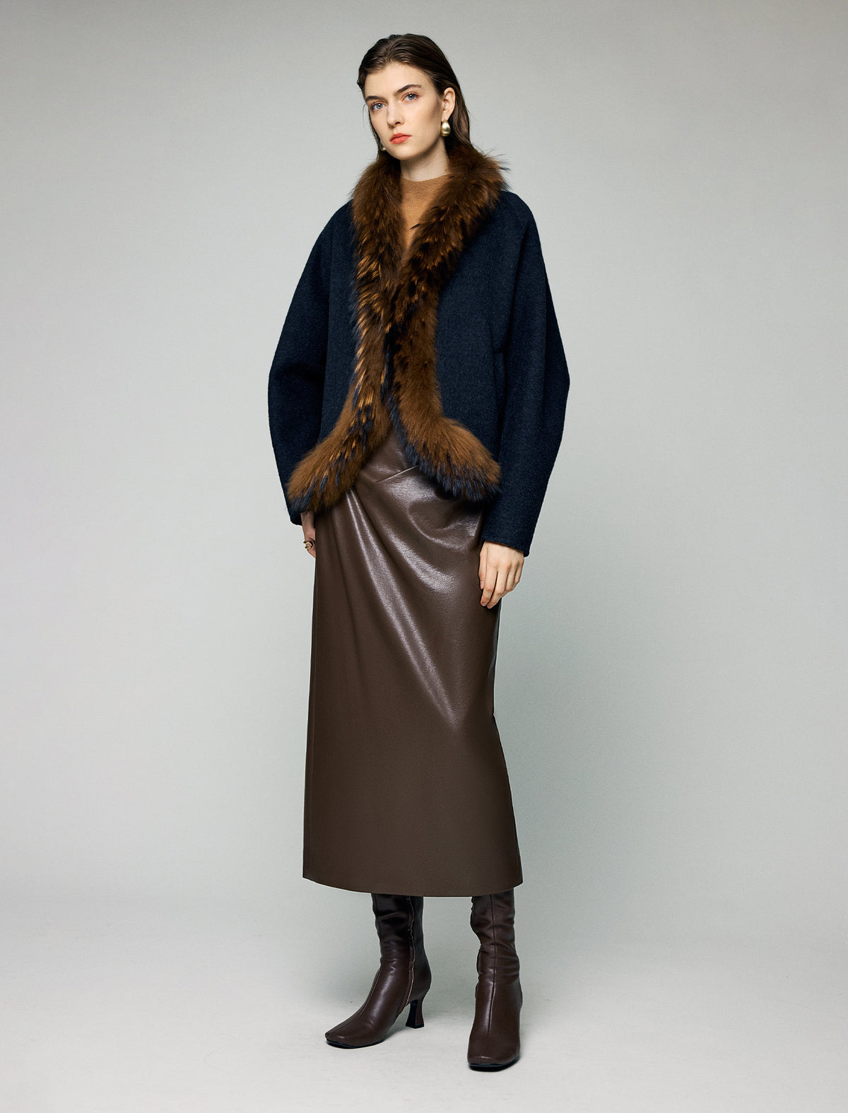 Wool Blend Plush-Collar Open-Front Cropped Jacket