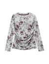 Vintage Floral Print Long Sleeve Ruched Top