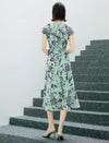 Mint Green Leaf Print Tie Waist Midi Dress