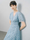 Blue Floral Lace V-Neck Midi Dress