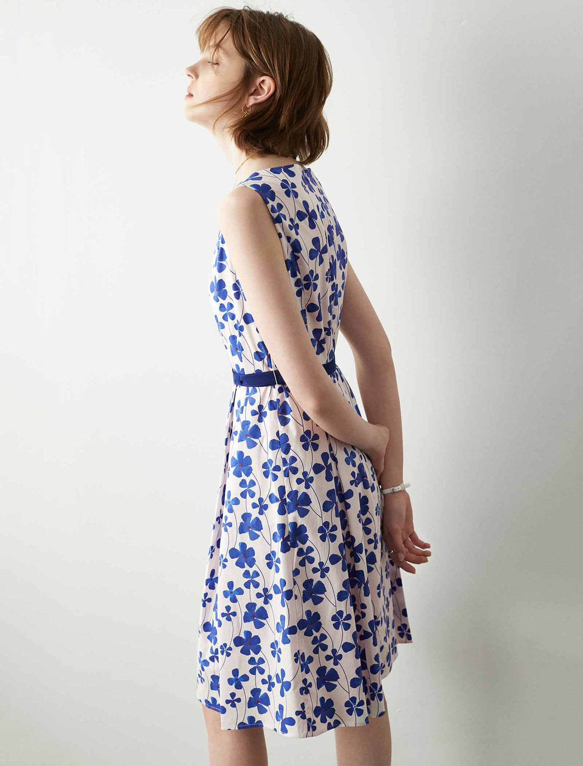 Sleeveless Blue Floral Belted Dress