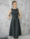 Beaded Crewneck Sleeveless Pleated A-Line Midi Dress