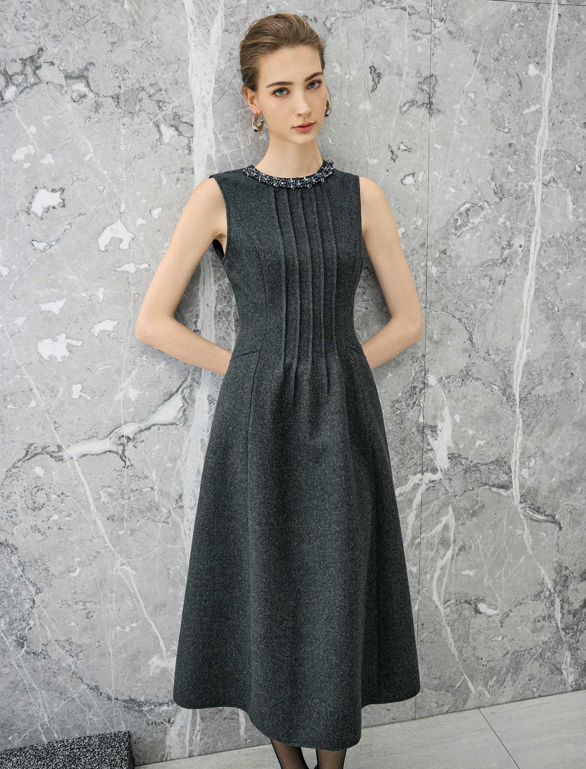 Beaded Crewneck Sleeveless Pleated A-Line Midi Dress