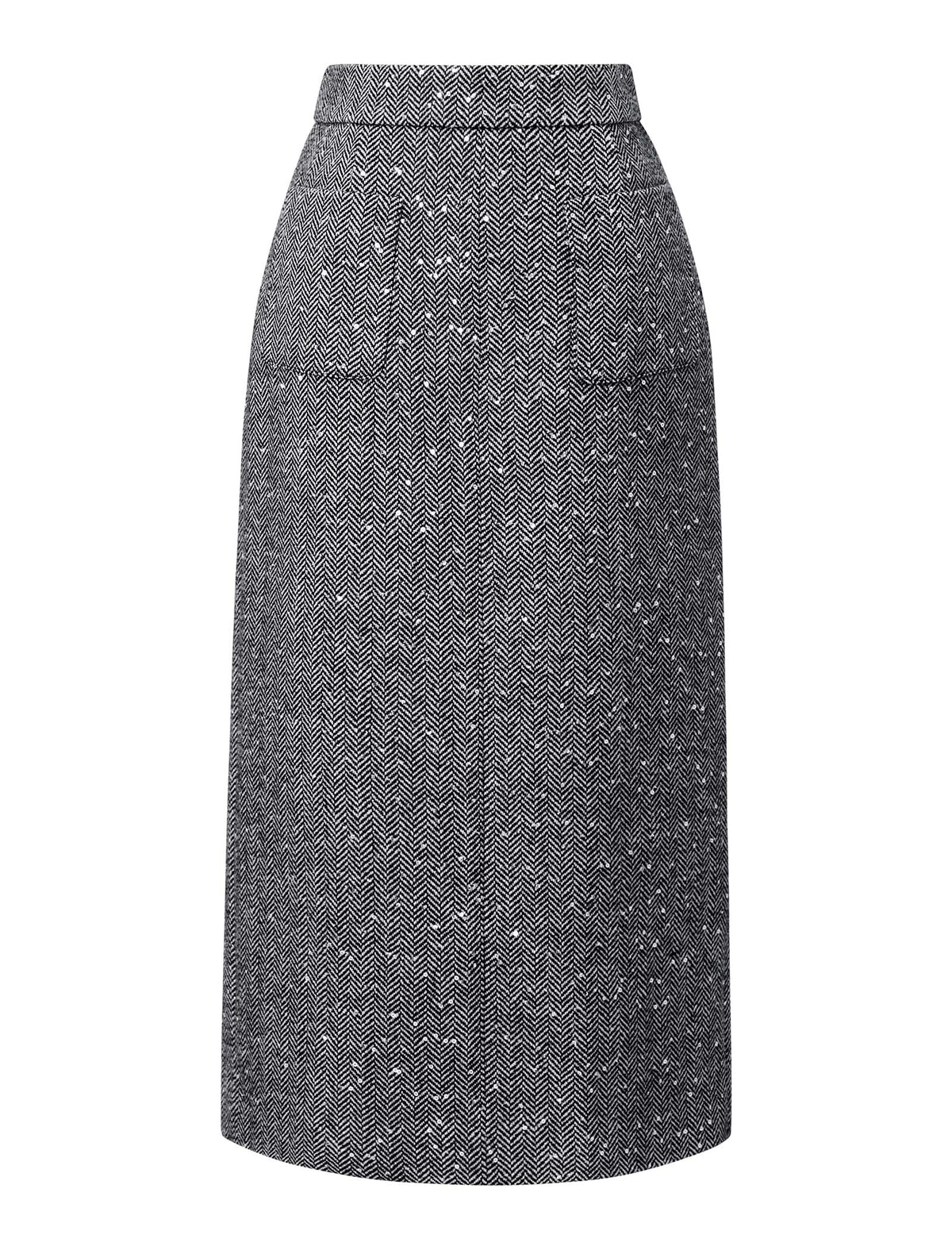 Gray Herringbone Wool-Blend Tweed Midi Skirt