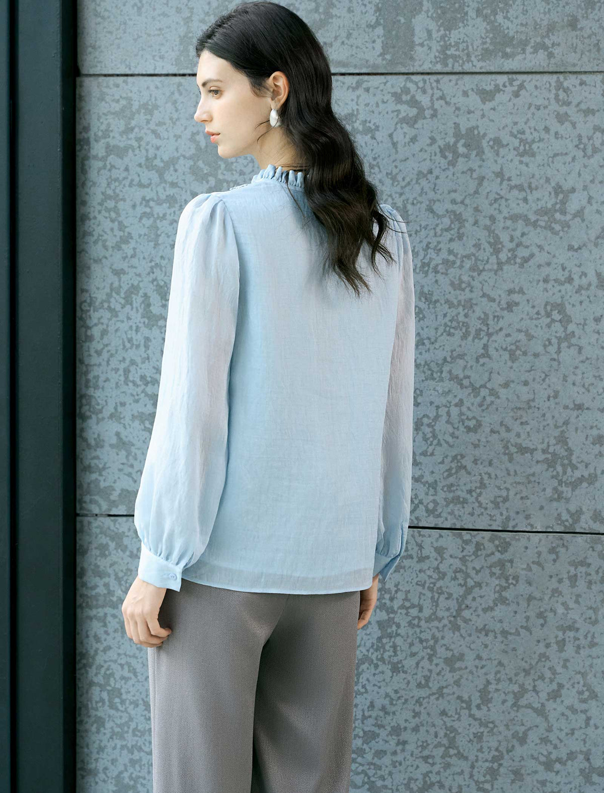 Lace Ruffle V‑Neck Long Sleeve Blouse