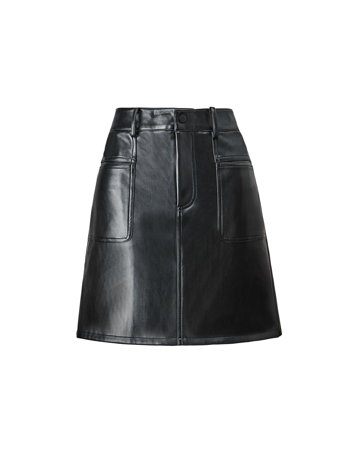 Belted High Waist Black PU Leather A-Line Mini Skirt
