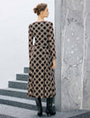 Geometric Print Crewneck Twist-Waist Long Sleeve A-Line Midi Dress