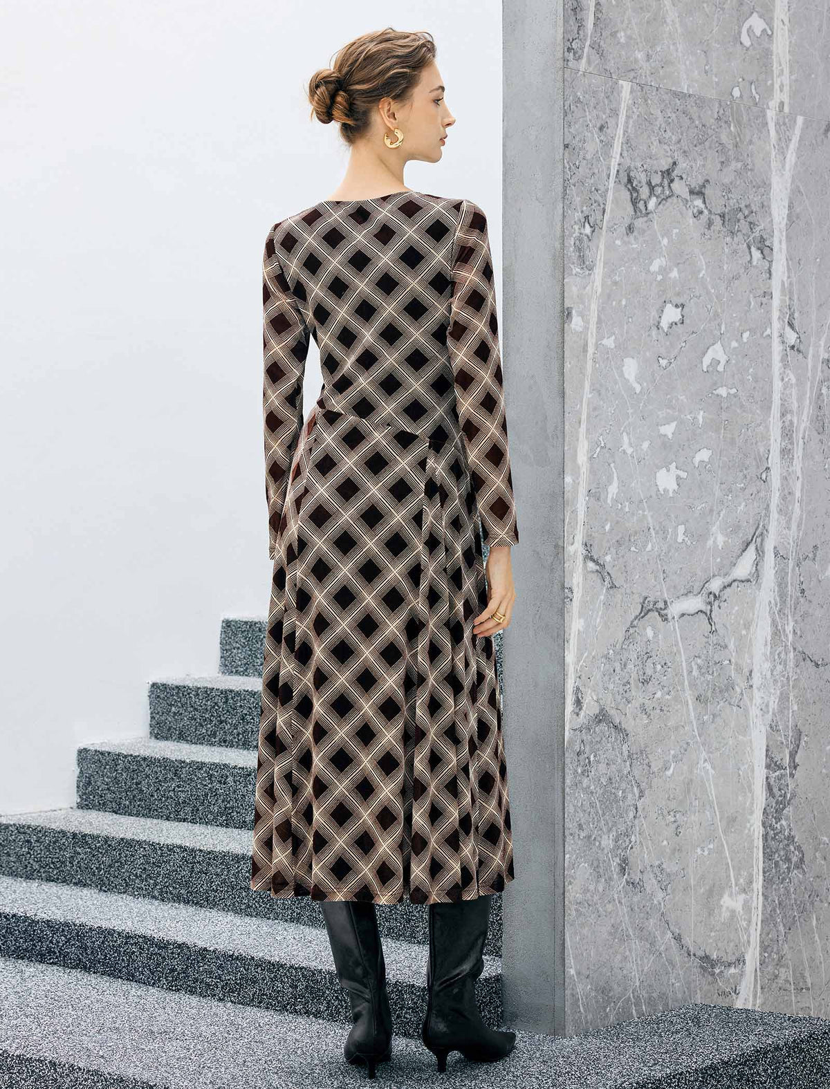 Geometric Print Crewneck Twist-Waist Long Sleeve A-Line Midi Dress