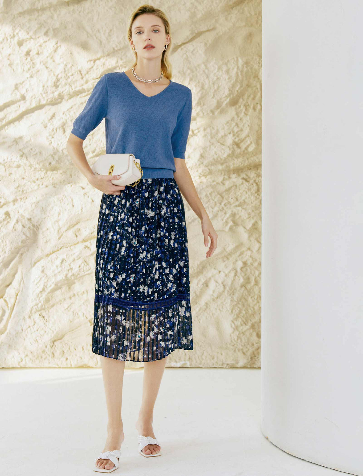 Chiffon Floral Pleated A-Line Skirt