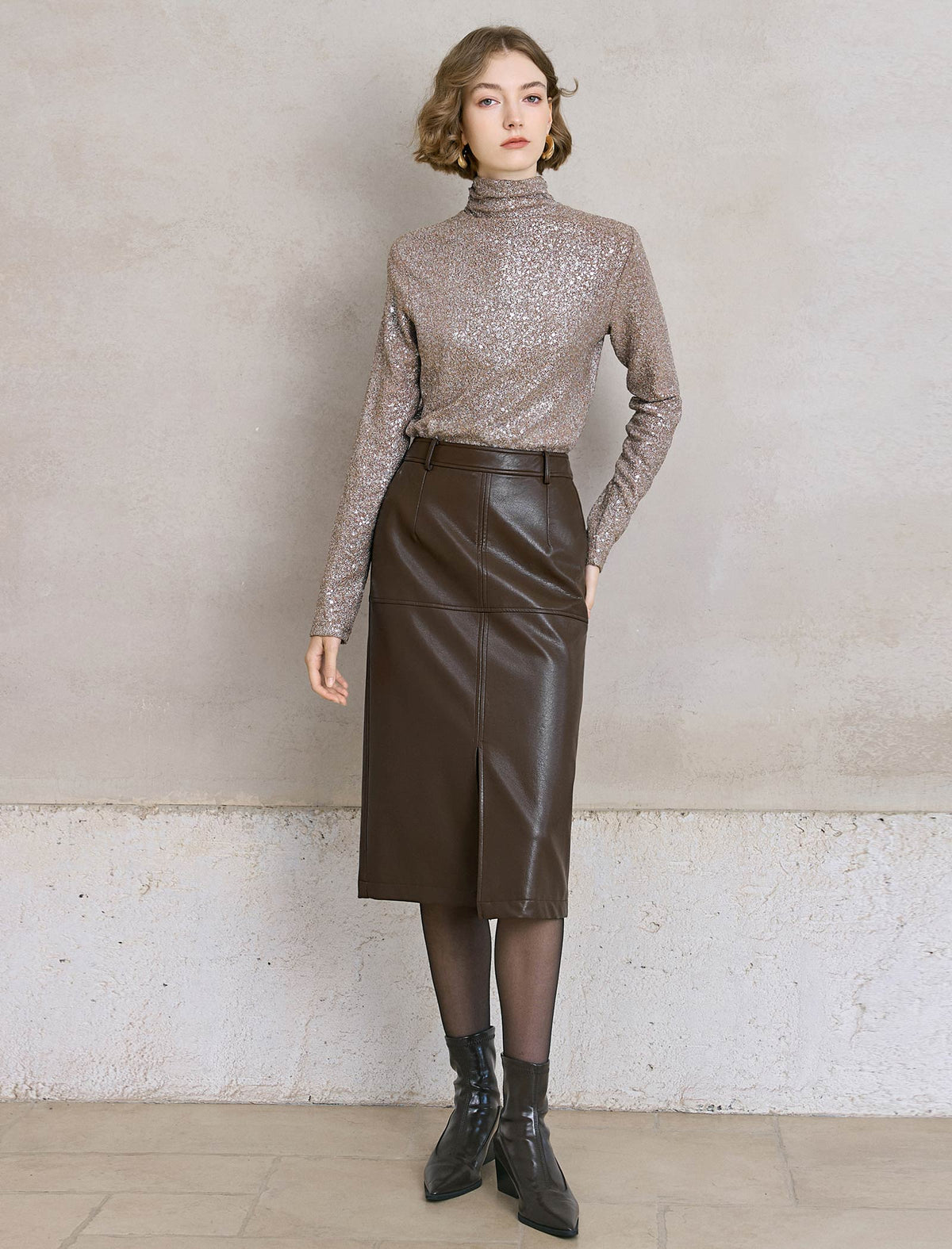 All-Over Sequin Turtleneck Long-Sleeve Top