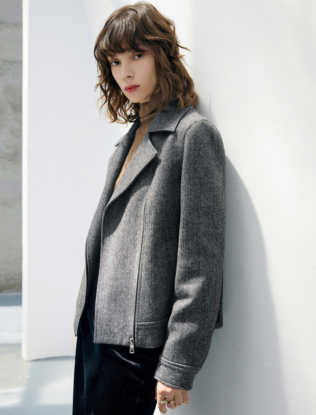 Wool Blend Zip-Front Cropped Jacket