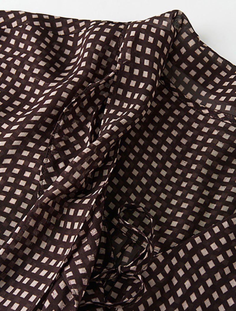 Brown Grid Print Sheer Blouse