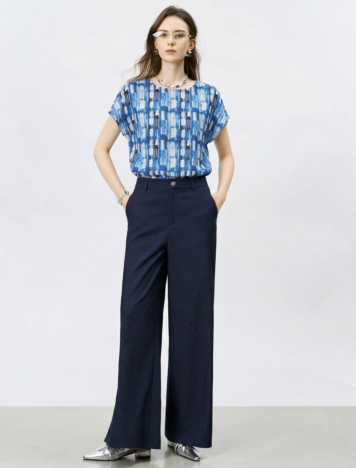 Mulberry Silk Blue Watercolor Geometric Print Cap Sleeve Blouse