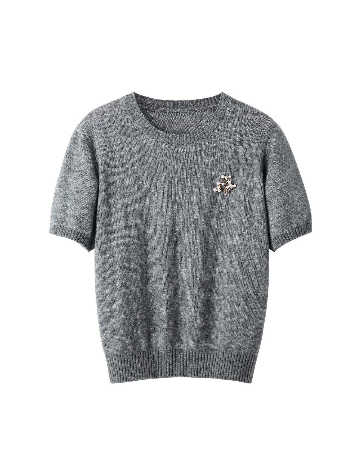 Wool Blend Pearl Brooch Short Sleeve Sweater