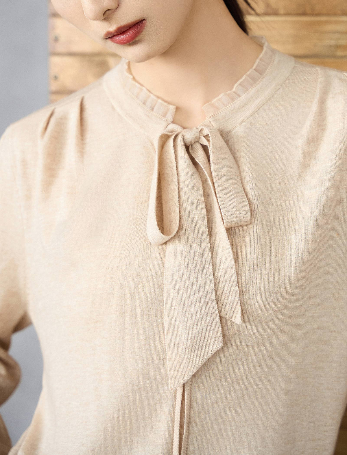Wool Blend Tie‑Neck Ruffled Trim Lantern Sleeve Knit Top