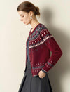 Burgundy Fair Isle Knit Crew Neck Button Front Cardigan