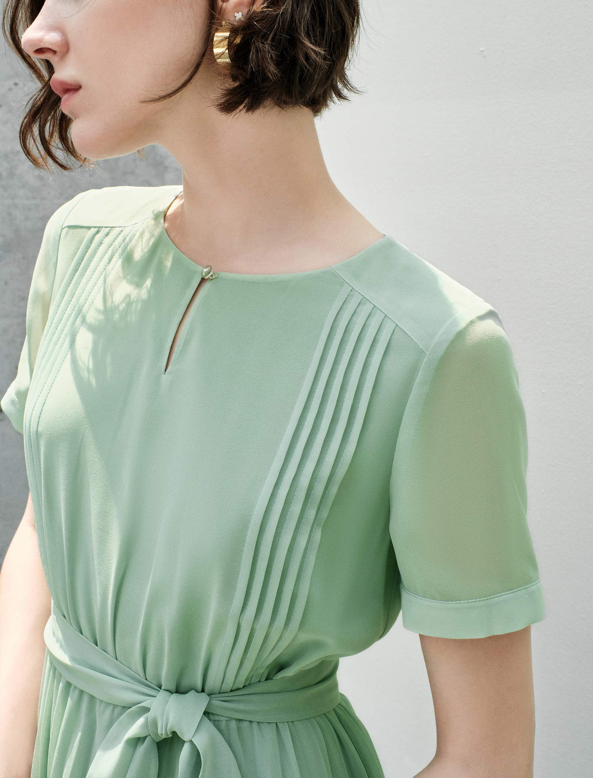 Waist-Cinched A-Line Pleated Short Sleeve Dress