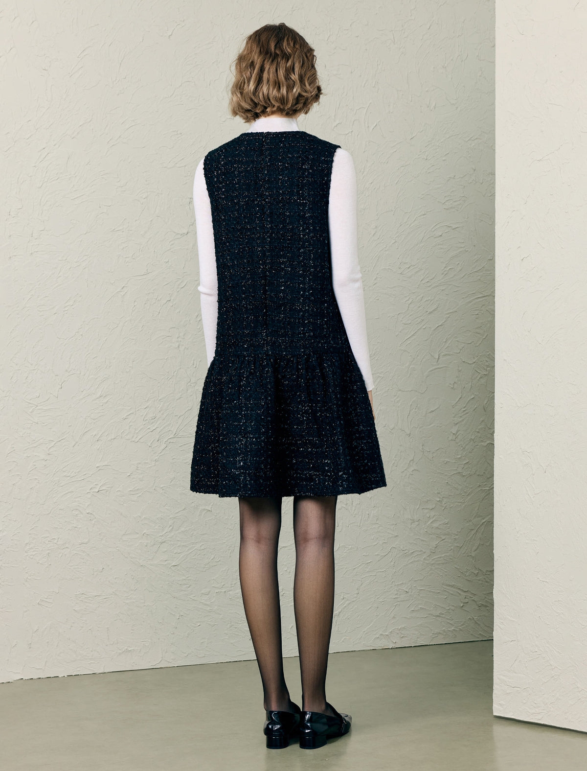 Wool Blend Rhinestone-Trim Pearl-Button Pleated A-Line Mini Dress