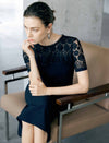 Black Lace Yoke Short Sleeve Waist Ruched Midi Sheath Dress