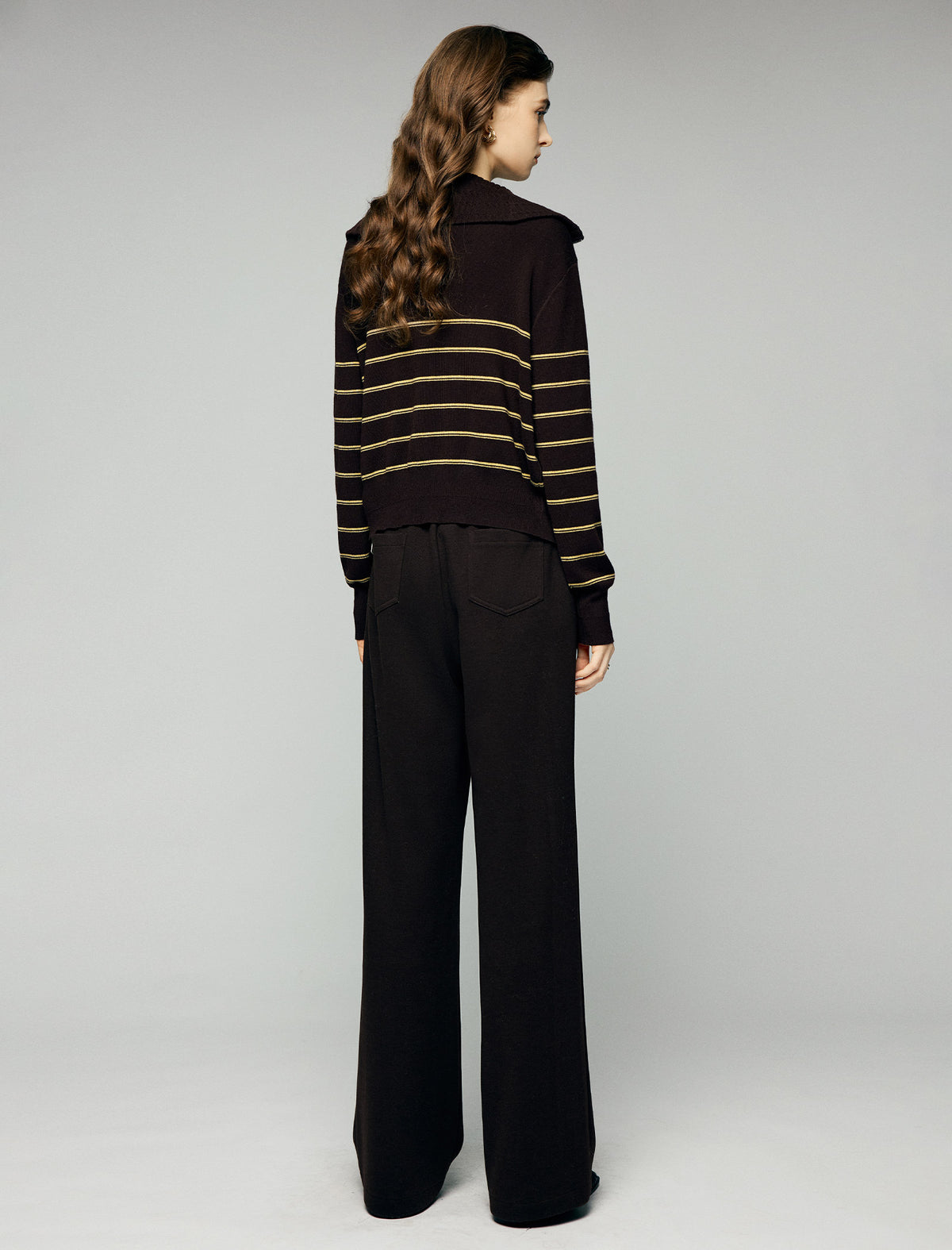 Wool Blend Striped Collared Double-Zip Cardigan
