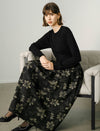 Floral Print Long-Sleeve Mixed-Media Midi Dress