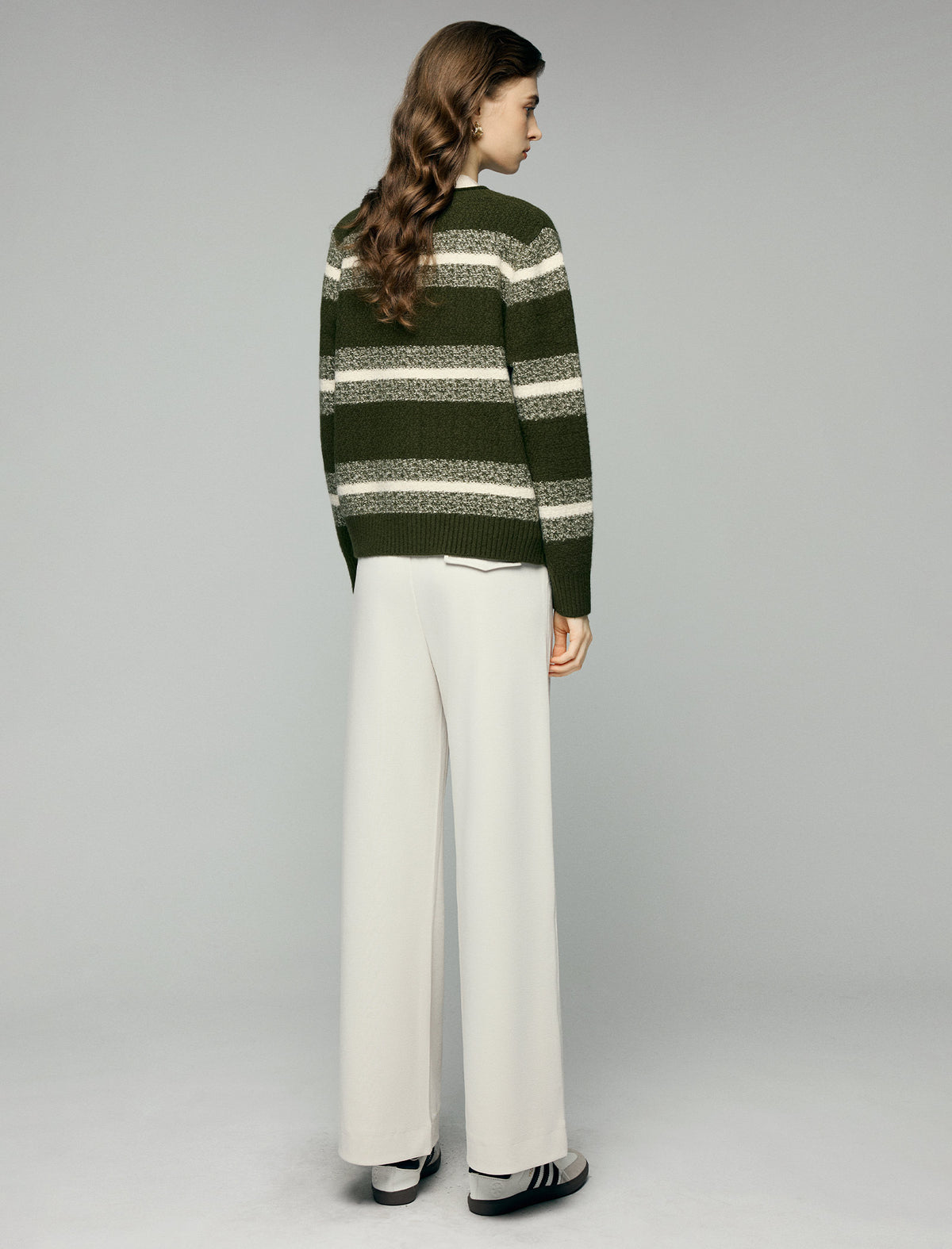 Striped Crewneck Drop-Shoulder Button-Front Cardigan