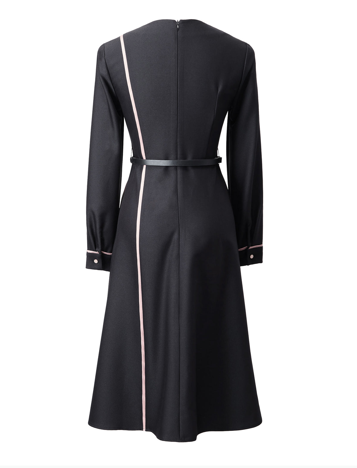 V-Neck Long Sleeve Belted Streamlined Midi Dress