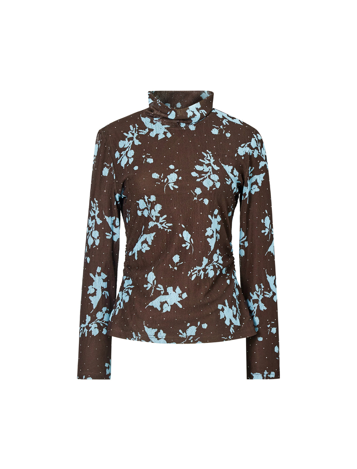 Floral Print Rhinestone Ruched Turtleneck Long Sleeve Top