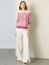 2-Way Pink Floral Print Ruffle Neck Puff Sleeve Elastic Hem Top