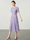 Lavender Sequin Lace Beaded Neck Short Sleeve Midi Dress