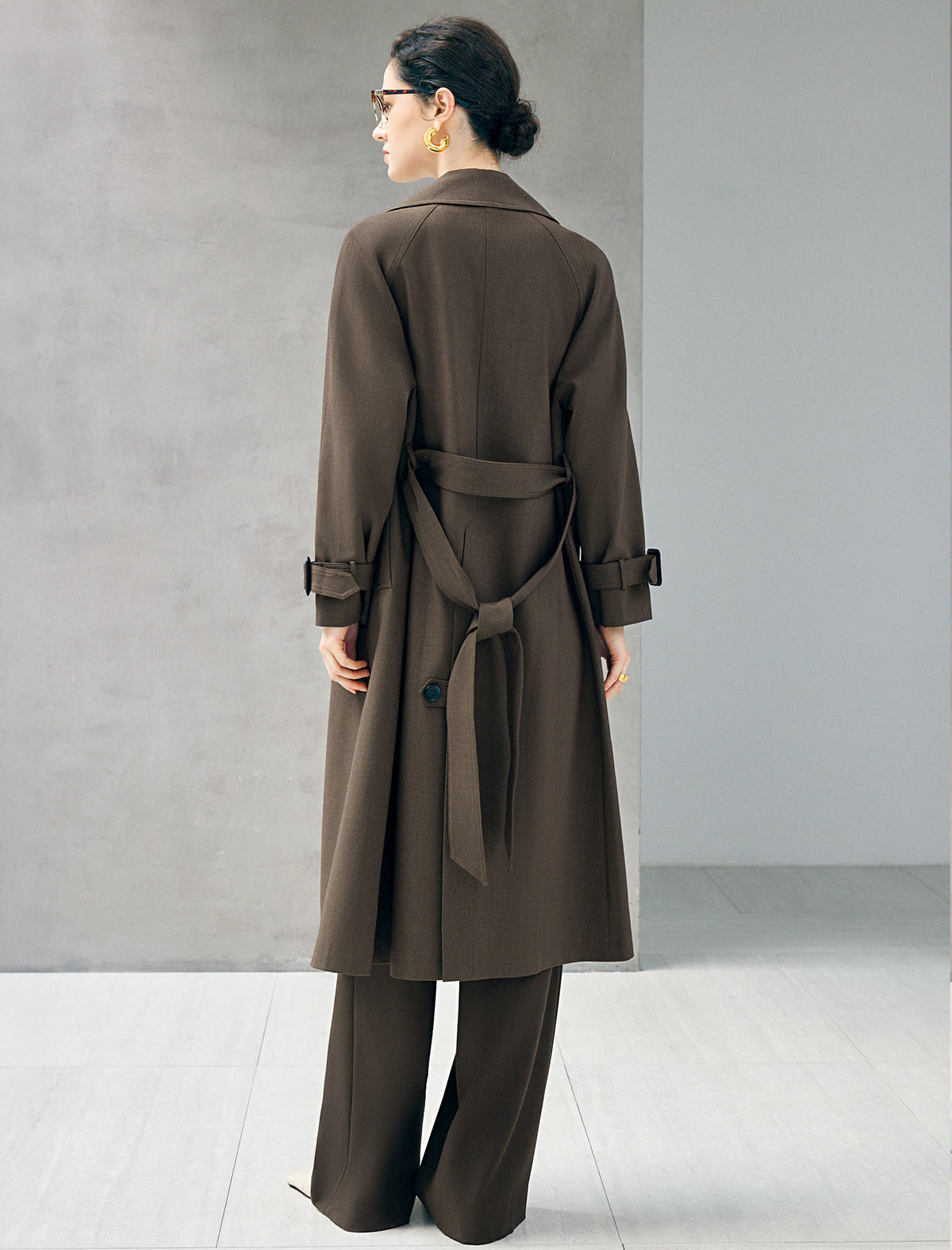 Notched Lapel Double Breasted Belted Knee-Length Trench Coat
