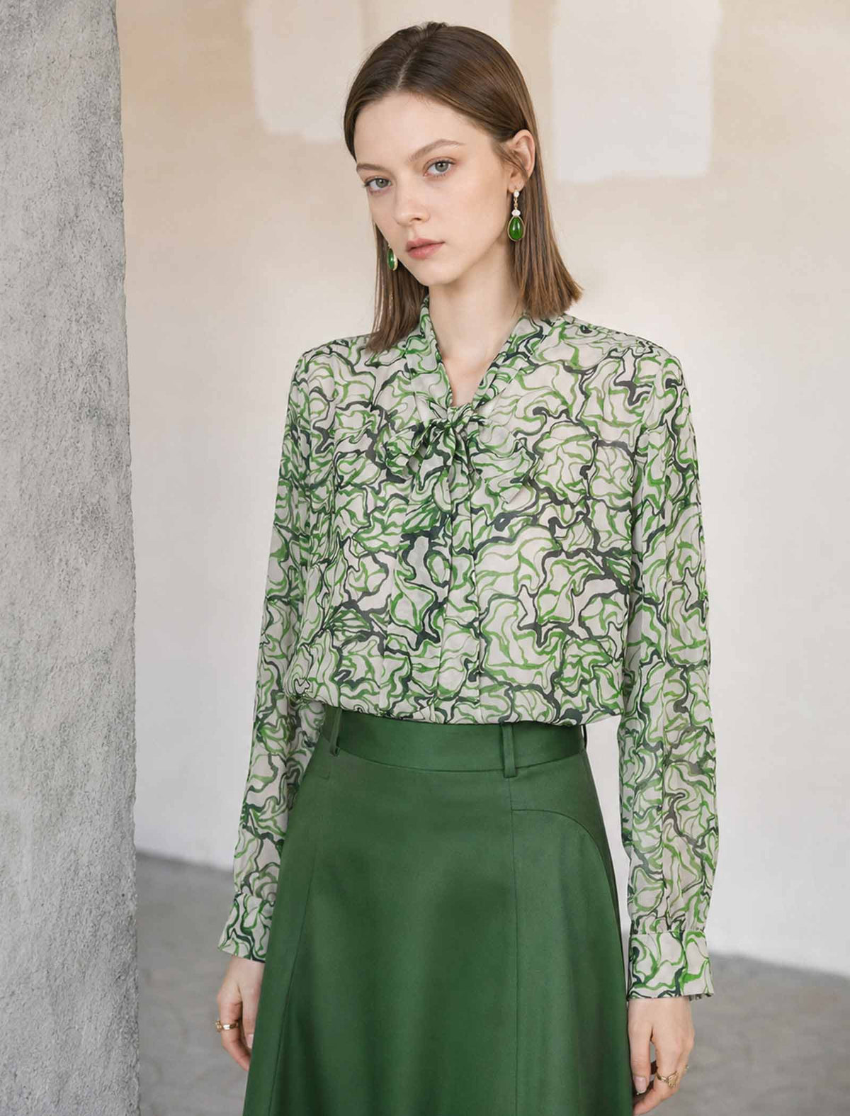 Sheer Abstract Print Bow Neck Blouse