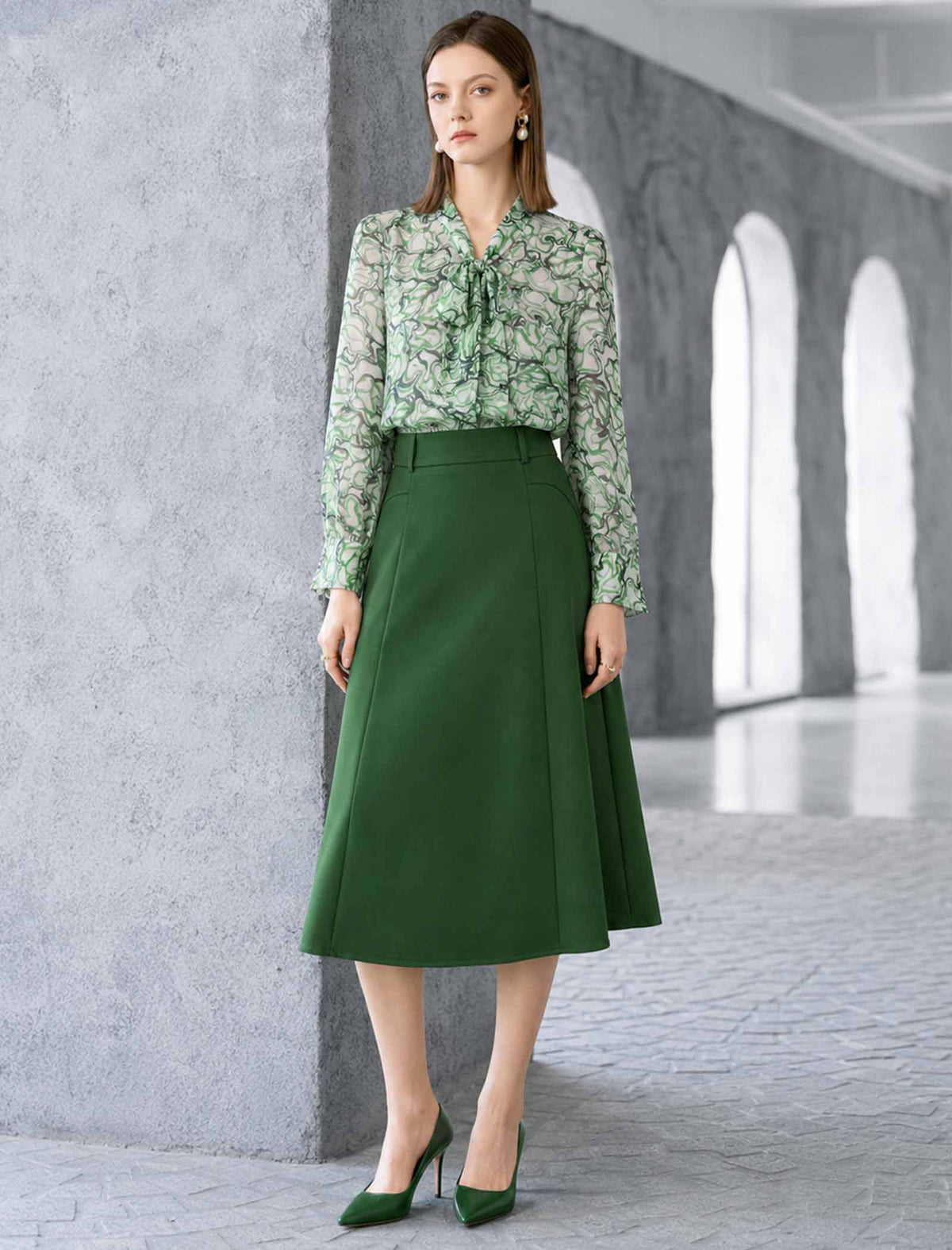 Sheer Abstract Print Bow Neck Blouse