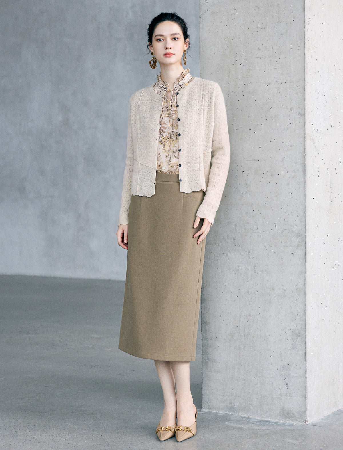 Cable Textured Long Sleeve Wave Hem Cardigan