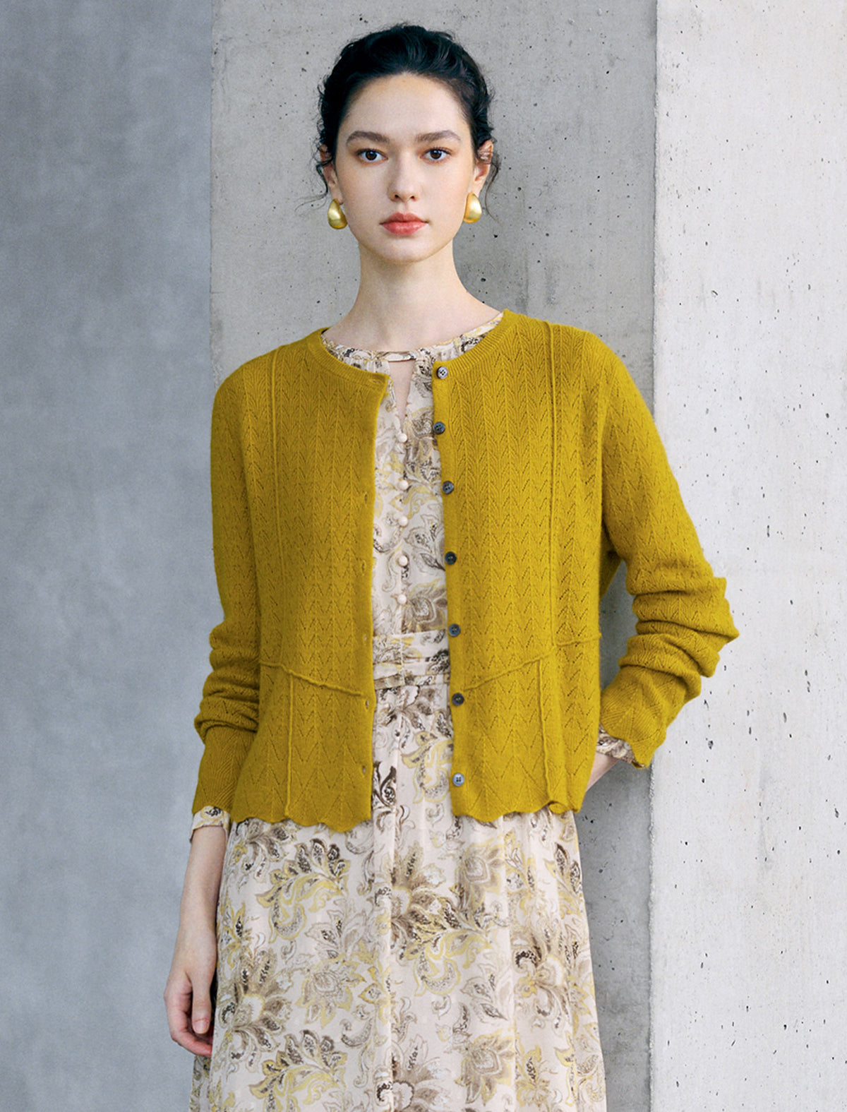 Cable Textured Long Sleeve Wave Hem Cardigan