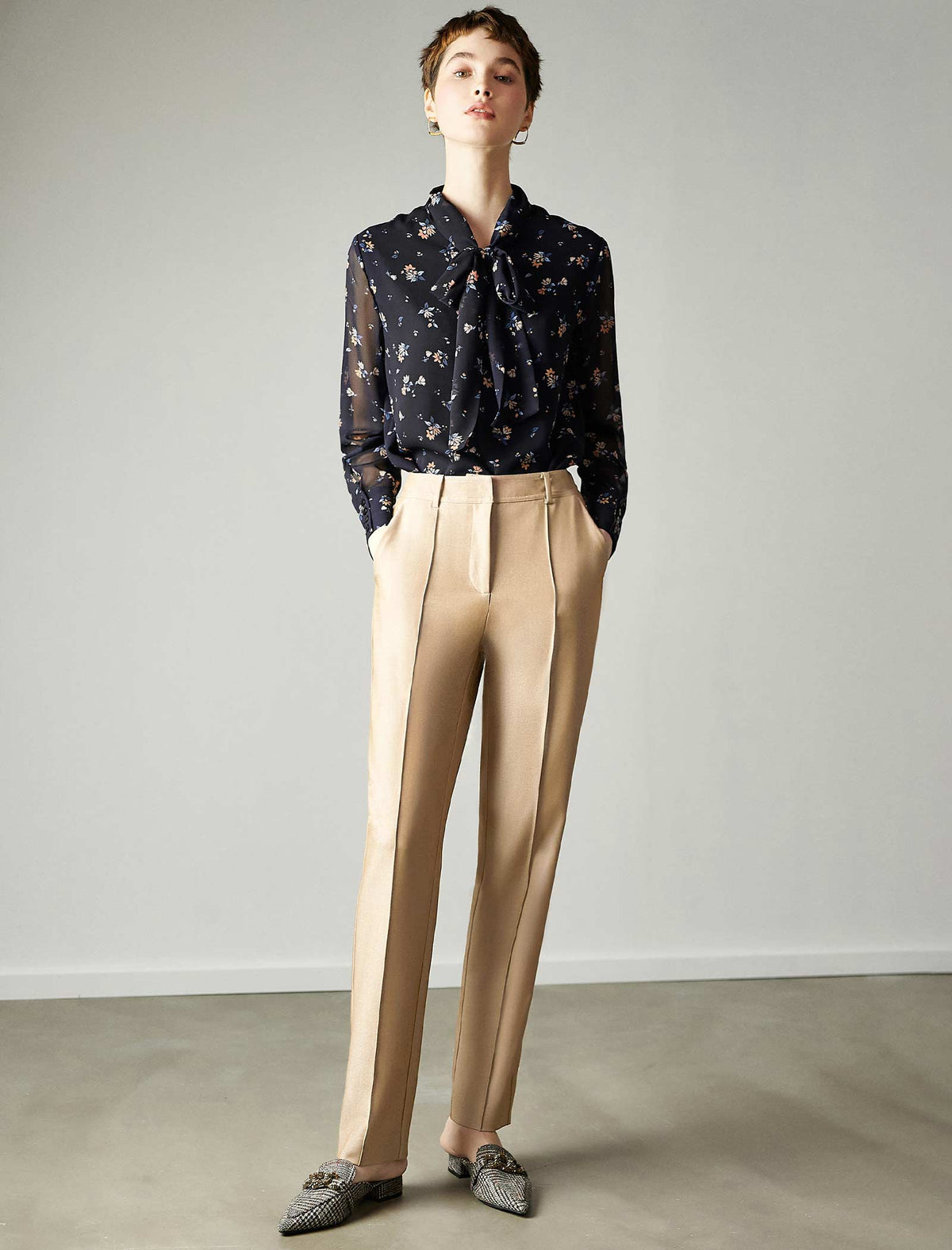 Black Floral Tie Neck Blouse
