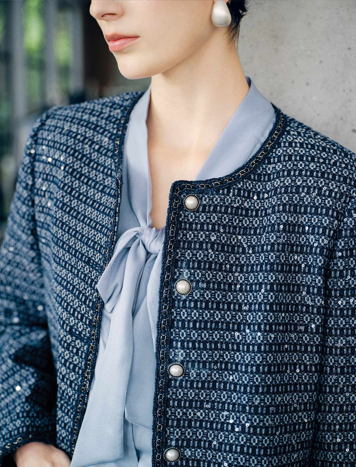 Round Neck Pearl Button Tweed Cropped Jacket