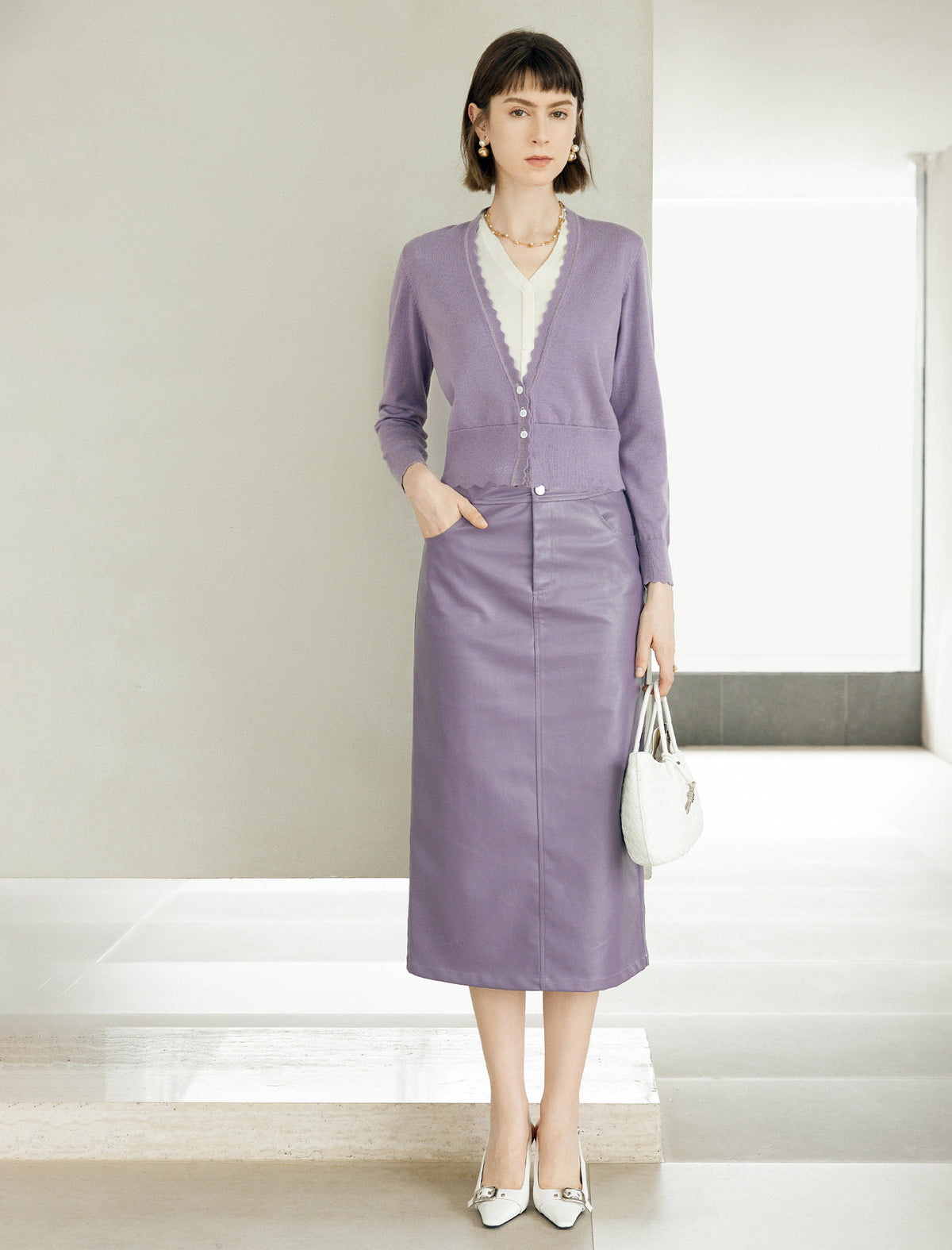 Wool Blend Scallop Trim Layered V-Neck Cardigan