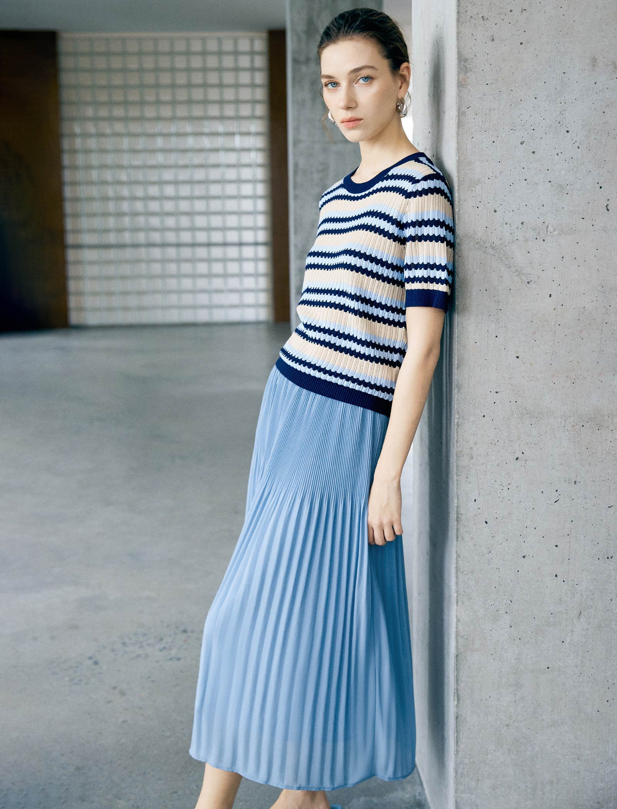 Tencel Striped Short-Sleeve Knit Top