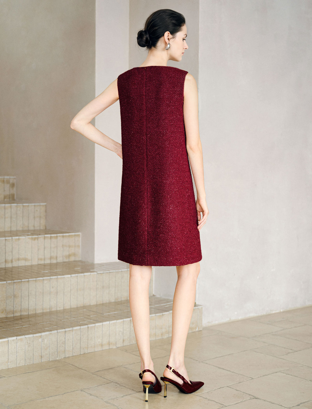 Wool Blend Beaded Floral Applique Crewneck Sleeveless Dress
