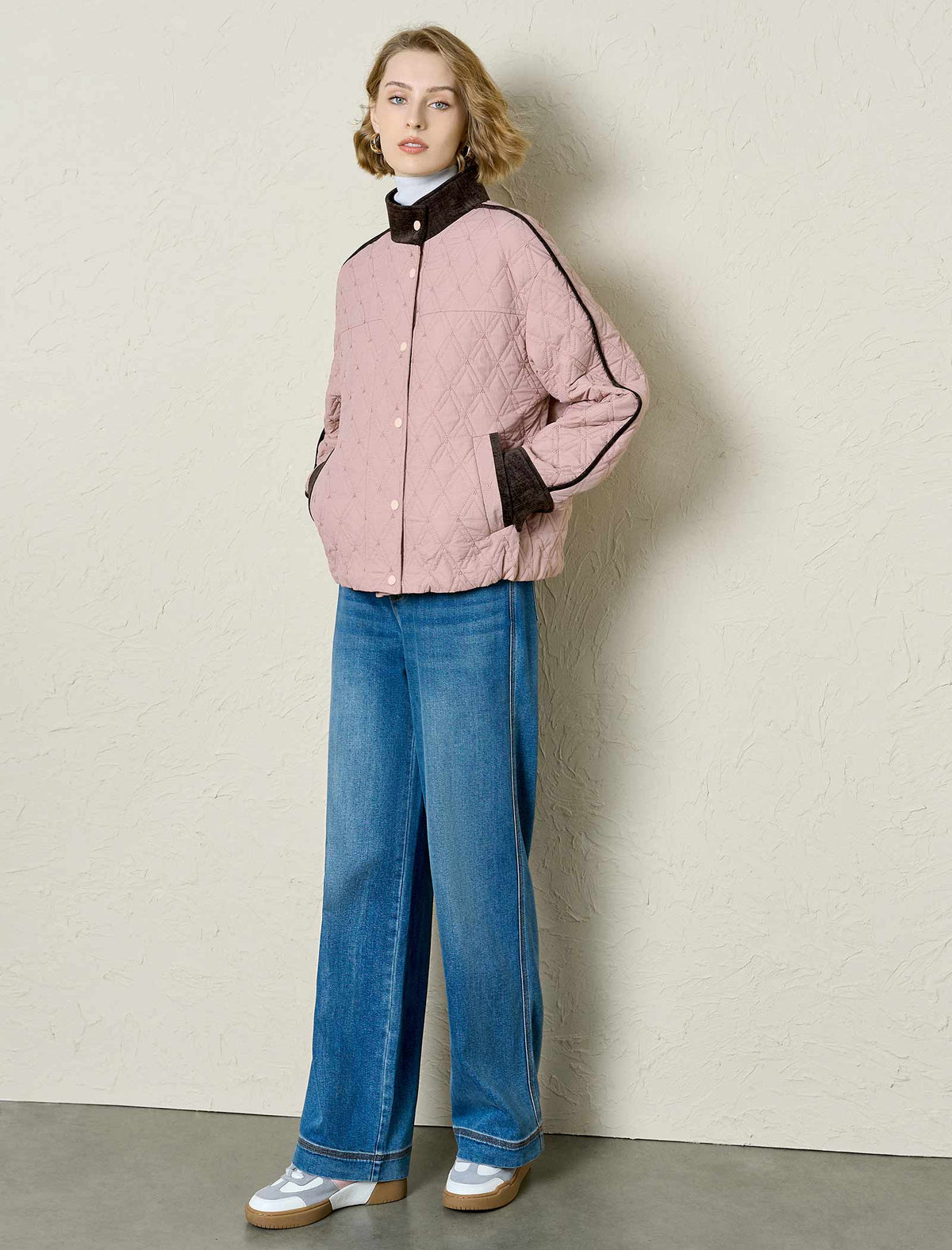 Blush Quilted Contrast Trim Bomber Jacket