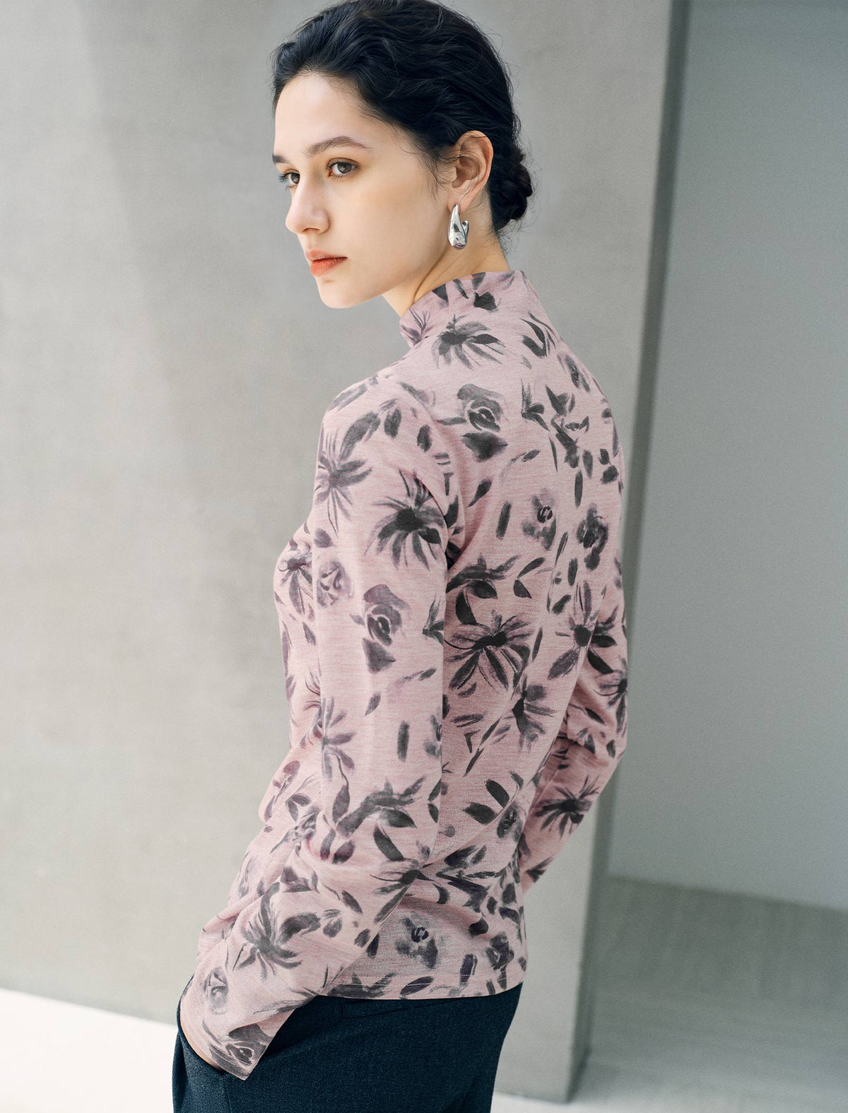 Ink-wash Floral Mock Neck Long Sleeve Top